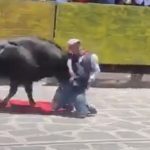 余裕のポーズを見せる闘牛士、別の雄牛の突進で吹き飛ぶ