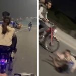 2人乗りのバイク、ウィリーを披露→転倒し他のバイクを巻き込む