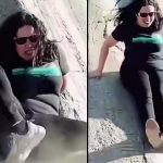 こんな映像を撮りたかったわけでは…滑り台を滑る女、足を骨折