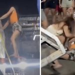 バスケのゴールに登ってはしゃぐ女さん、柱が折れて落下